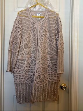 Chicos Travelers Jacket - Crochet Lace Open Cardigan - Taupe SZ 3